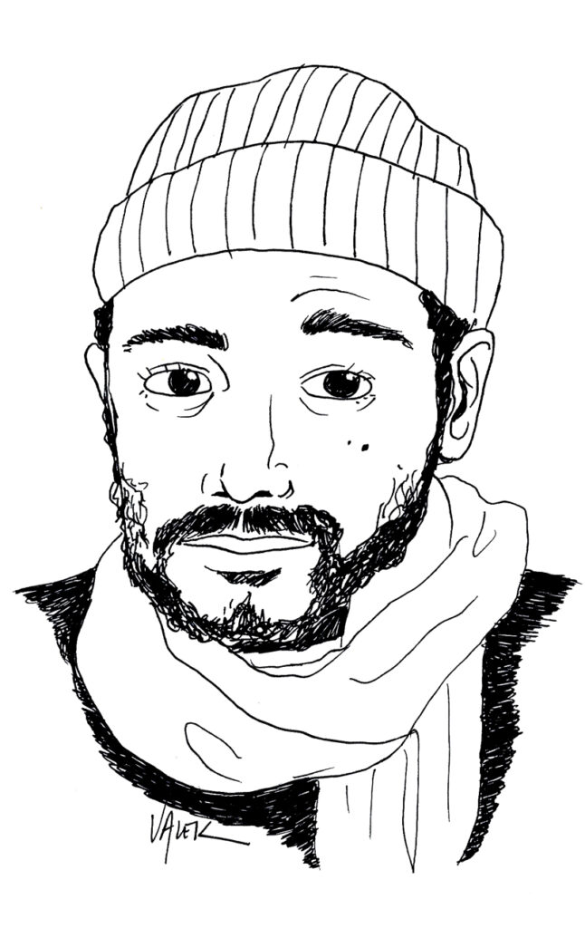 Ilustração de um homem de barba, usando gorro e cachecol, com olhar sério e sobrancelha erguida. O desenho é feito com traços simples de caneta preta.