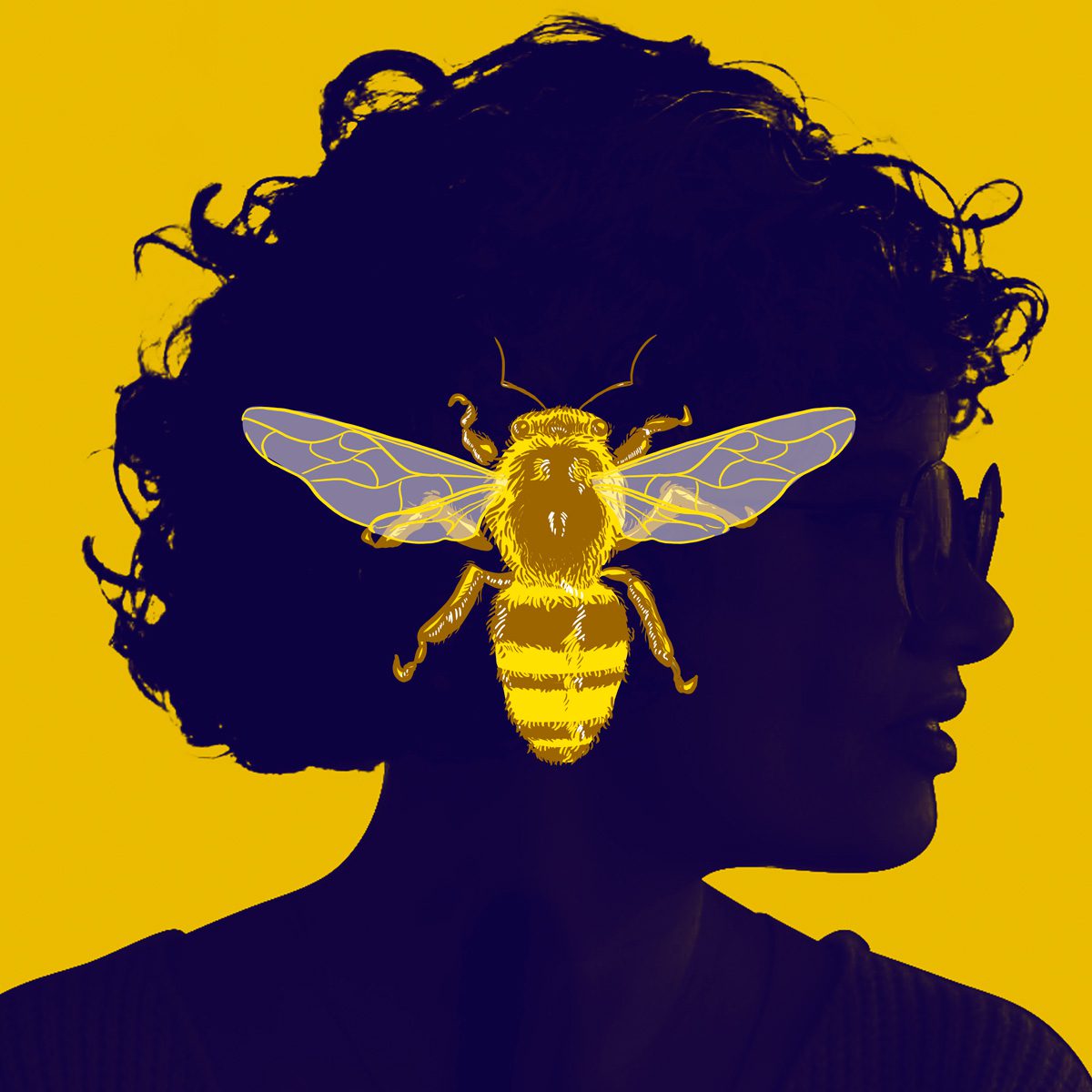 Fundo amarelo, Aline Valek de perfil, com efeito azulado e foco na silhueta. Uma ilustração de abelha amarela está em cima da imagem.